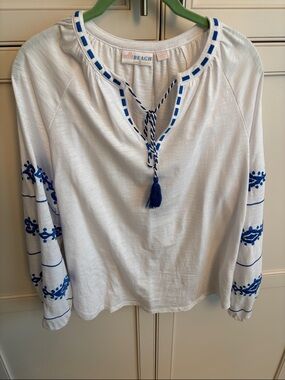 Belle by Kim Gravel White Tunic with Blue Embroidery and Tassel